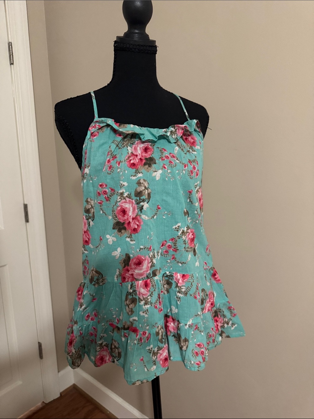 Mossimo Supply Co. Aqua Floral Ruffle Tank Top with Pink Roses